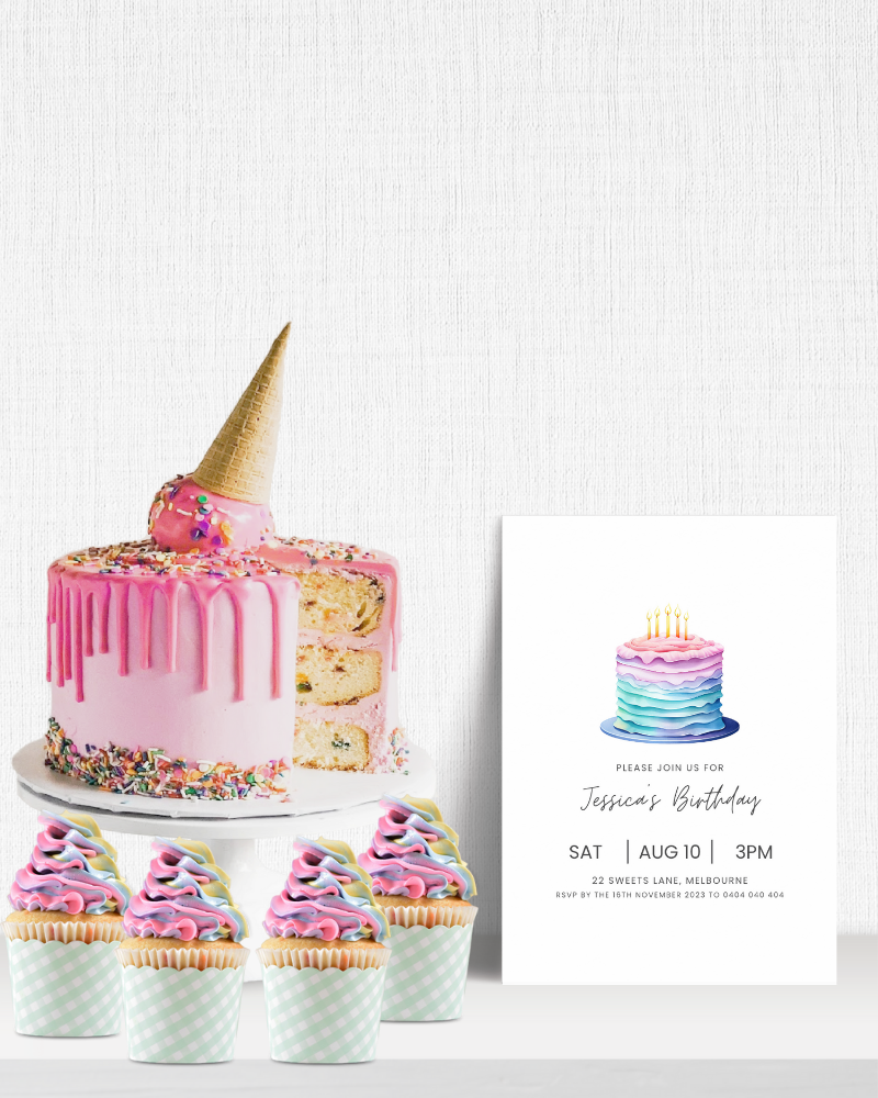 Colorful layered cake with a cone topper, surrounded by pastel cupcakes and a birthday invitation card.