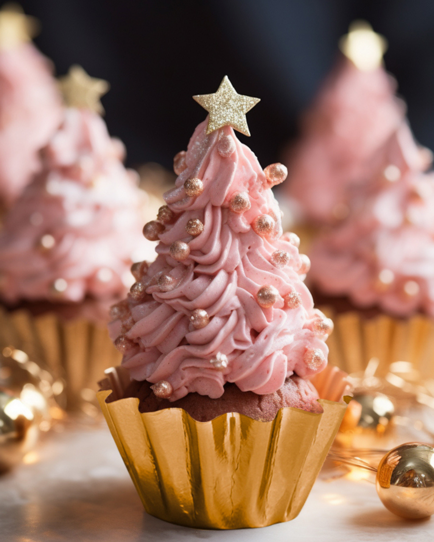 A pink frosted cupcake shaped like a Christmas tree, topped with a golden star and decorative pearls, on a marble surface.