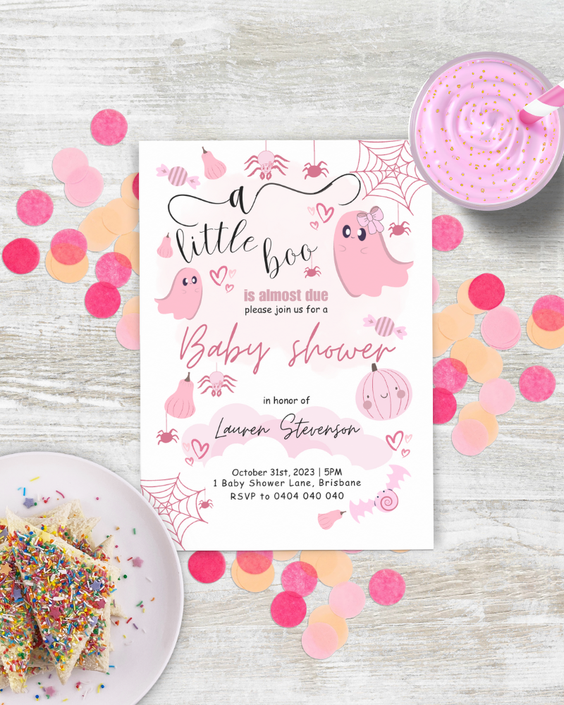 Invitation for a baby shower featuring playful ghosts and festive elements, surrounded by colorful confetti and treats.