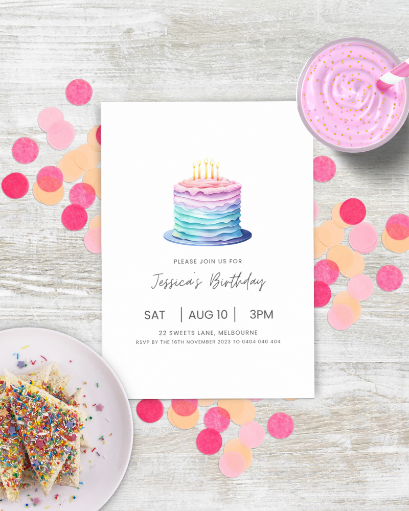 Colorful confetti surrounds a layered cake invitation for Jessica's birthday celebration, featuring pink and blue hues.