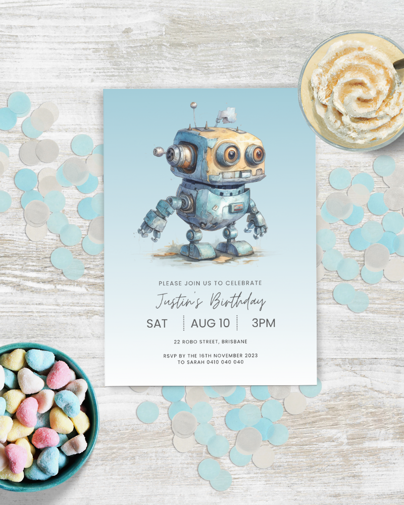 Robot illustration on a blue background, surrounded by colorful confetti and a bowl of pastel heart-shaped treats.
