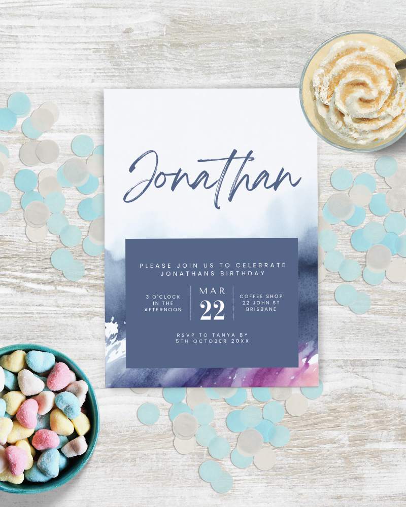 A birthday invitation featuring soft pastel colors, confetti, and a dessert with a swirl topping on a rustic surface.