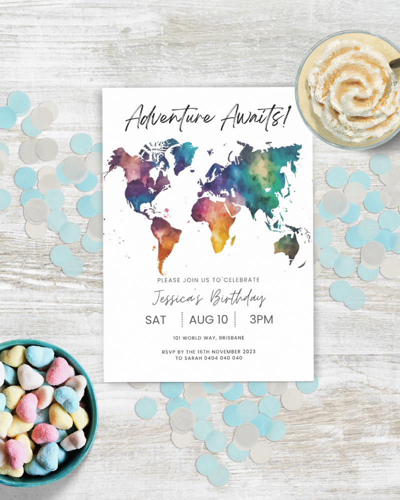 Adventure Awaits World Map Party Invite | Digital Download ALW88