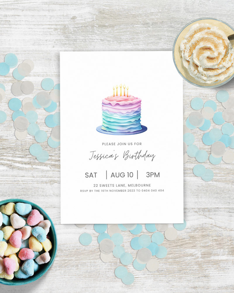 A colorful birthday invitation featuring a layered cake, surrounded by pastel confetti and heart-shaped treats.