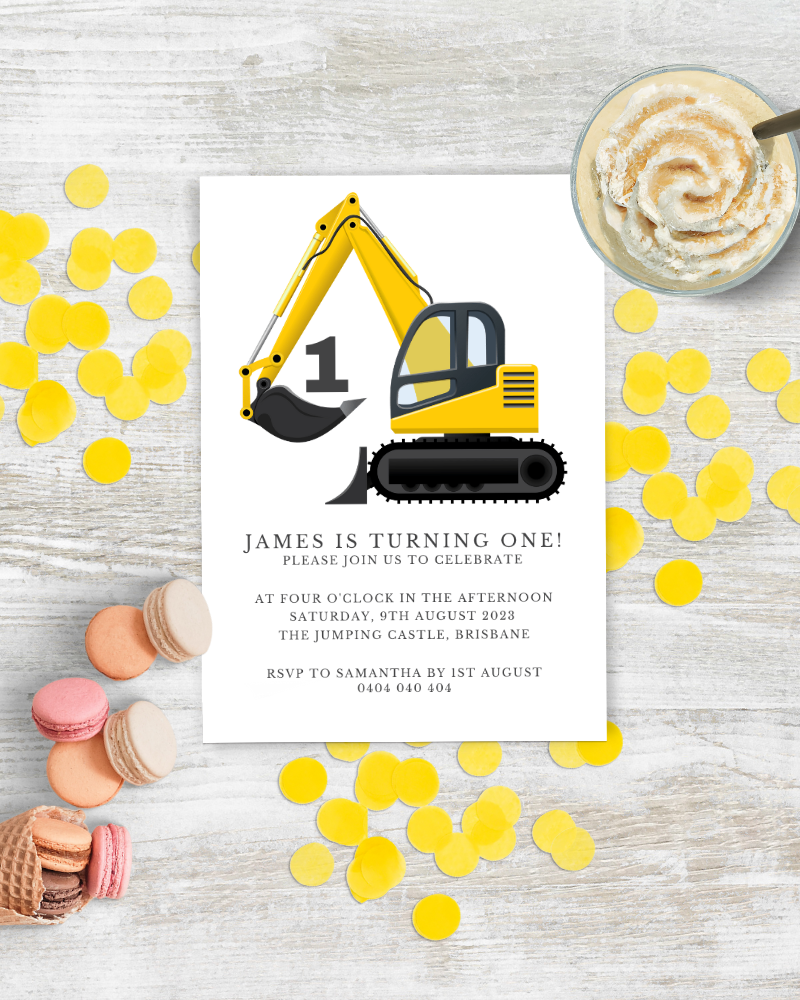 A bright invitation featuring a yellow excavator with a large number 1, surrounded by colorful confetti and desserts.