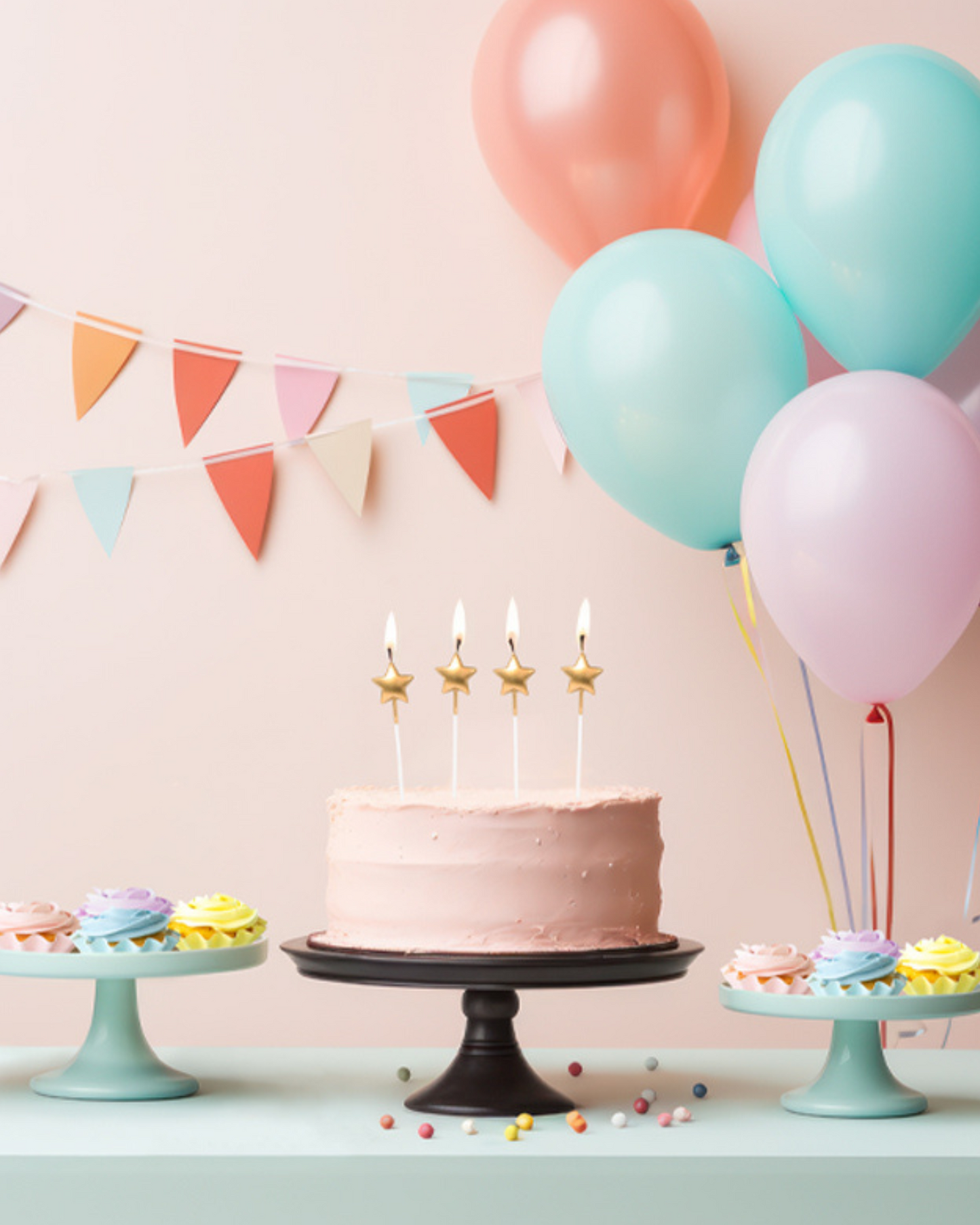 A pastel cake with star candles surrounded by colorful balloons and decorated cupcakes on a mint green table.