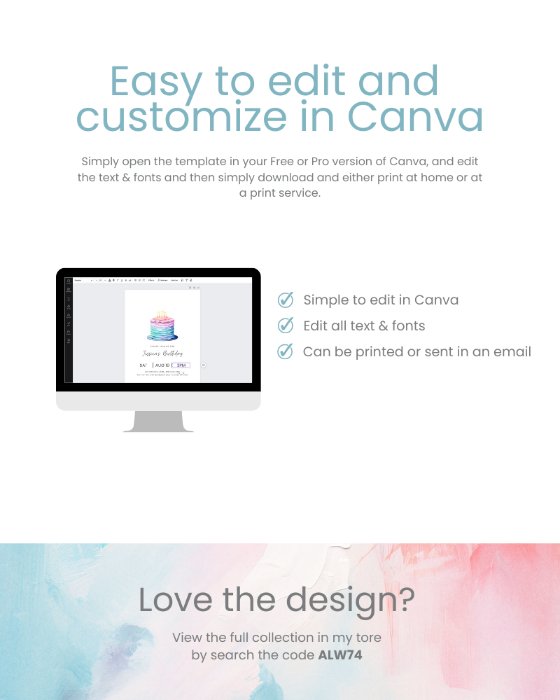 A computer screen displays a colorful birthday invitation template, showcasing editable text and design options.