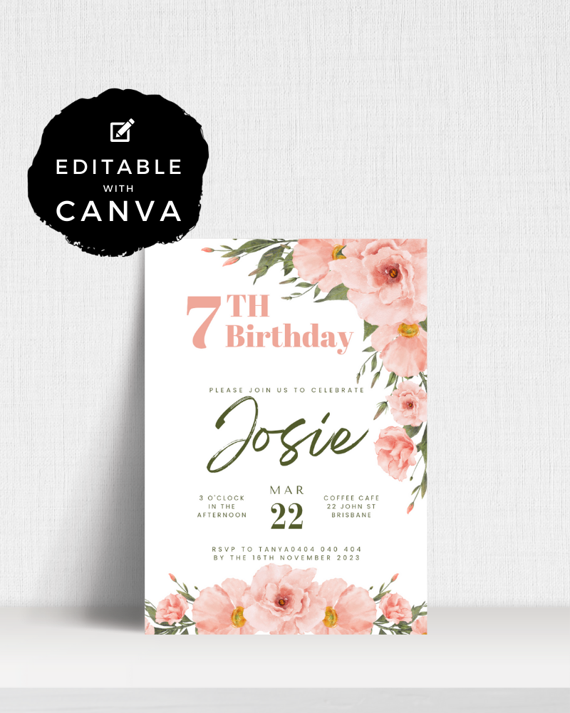 A colorful birthday invitation featuring pink flowers, date, and celebratory text for a 7th birthday party.
