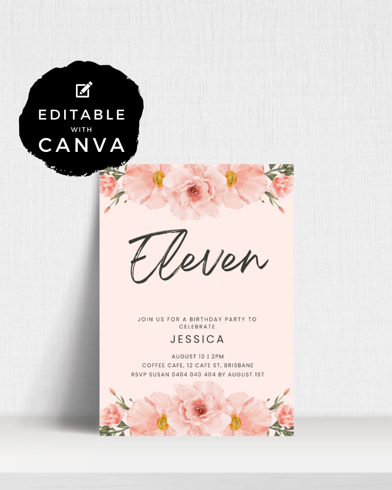 A pink invitation featuring floral accents, detailing a birthday celebration for Jessica on August 10 at Coffee Cafe.