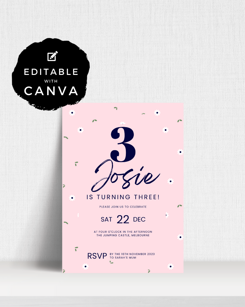 A festive invitation featuring a large "3" and floral accents, celebrating Josie's third birthday on December 22.