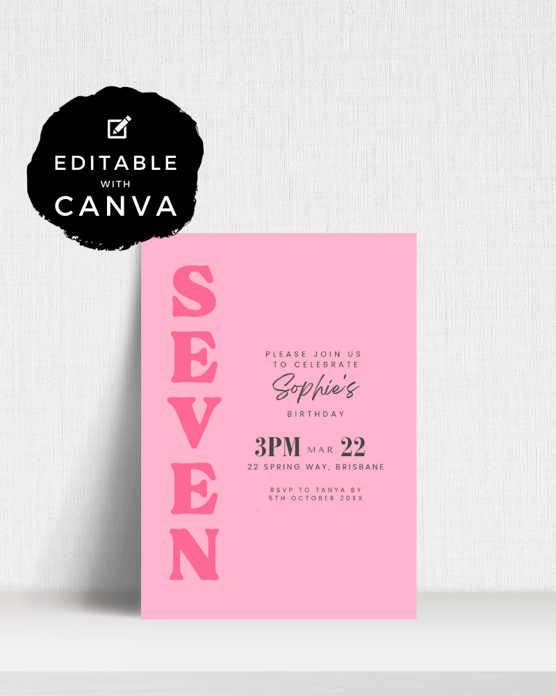 Bright pink invitation featuring bold "SEVEN" text and details for Sophie's birthday celebration.