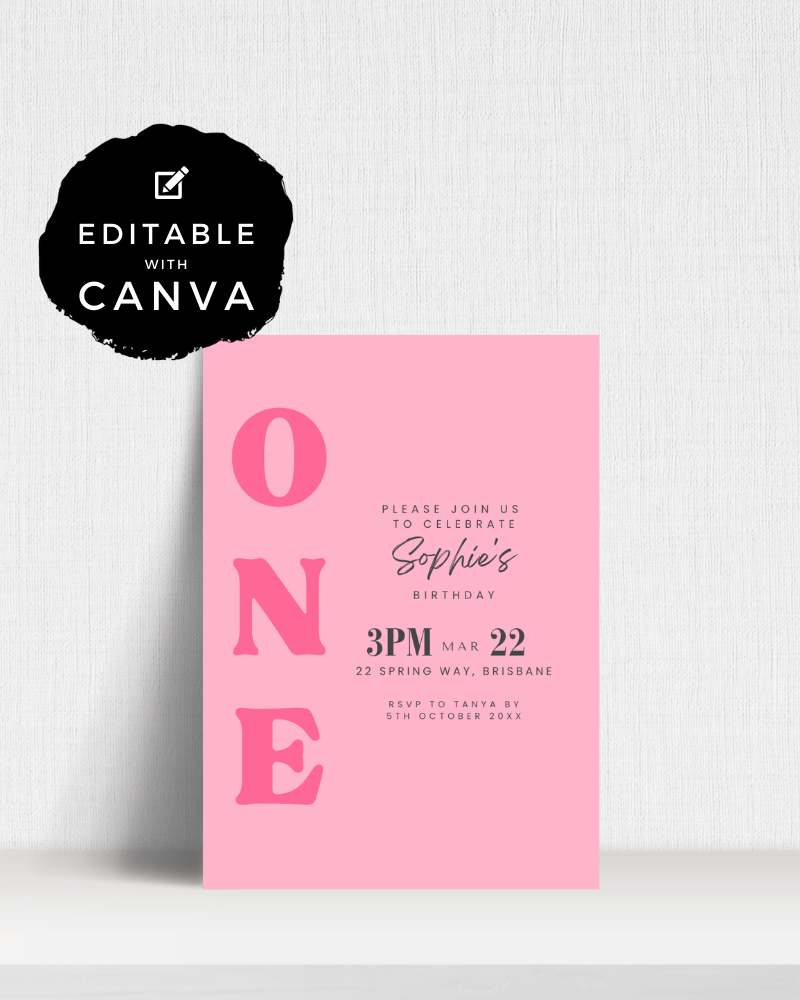 Pink invitation featuring large "ONE" text, details for Sophie's birthday celebration, and editable Canva logo.