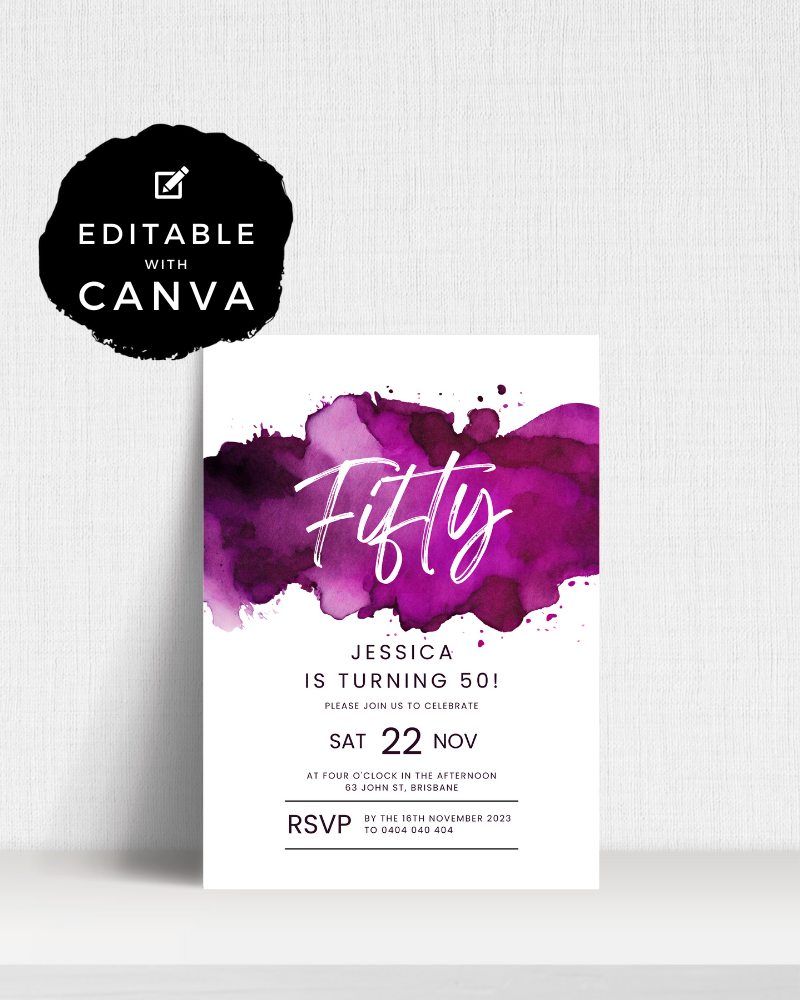 A vibrant invitation featuring purple watercolor splashes, celebrating Jessica's 50th birthday with RSVP details.