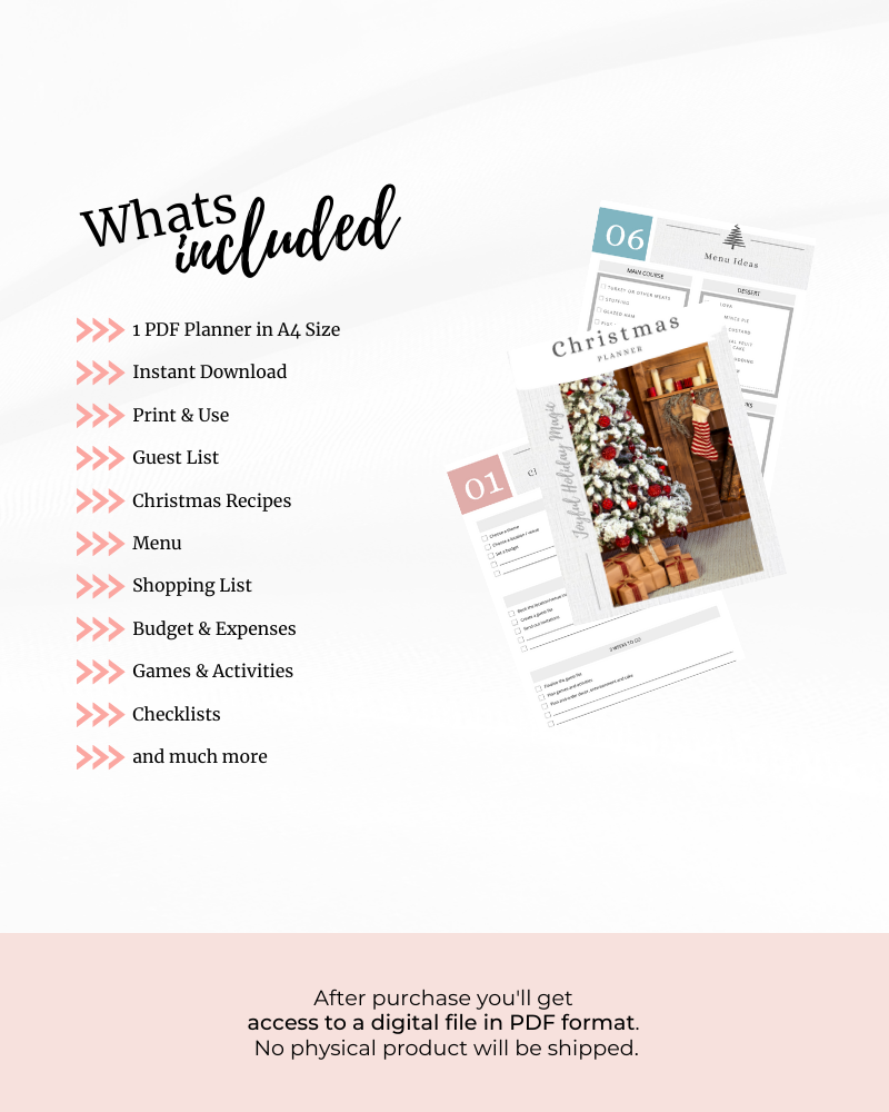 A festive planner layout featuring a Christmas tree, checklists, and sections for recipes and budgeting.