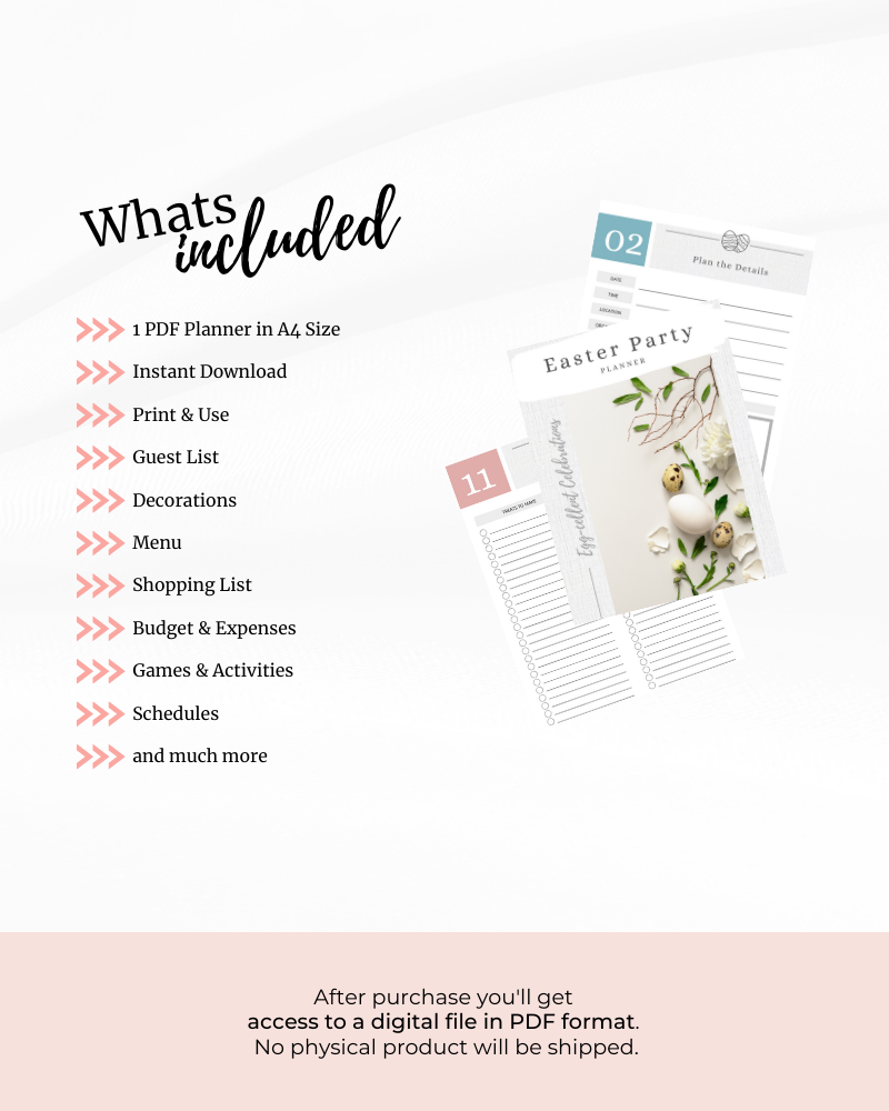 Preview of an Easter party planner featuring sections for details, guest list, and activities on a light background.