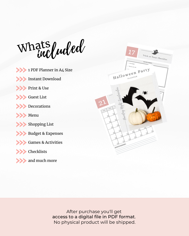 A digital planner layout featuring checklists, decorations, and a Halloween party theme with pumpkins and a spider.