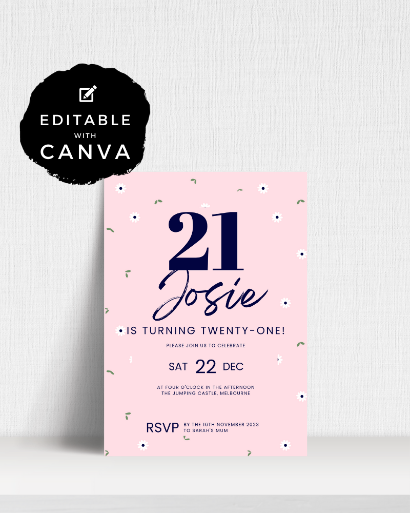 A festive invitation featuring pink background, floral accents, and bold text celebrating a 21st birthday.
