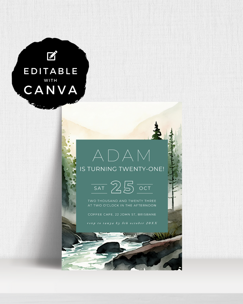 A watercolor invitation featuring a mountain scene, celebrating Adam's 21st birthday with event details.