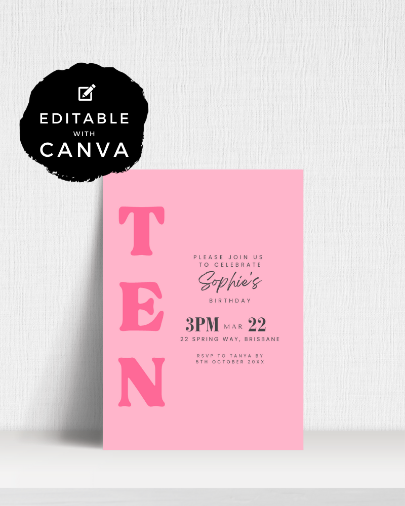Birthday invitation featuring bold pink text, RSVP details, and editable elements on a textured background.