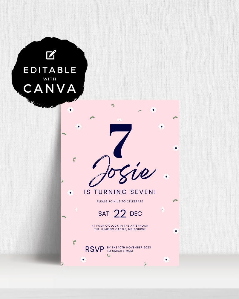 Birthday invitation featuring a large "7" on a pink background with floral accents and RSVP details.