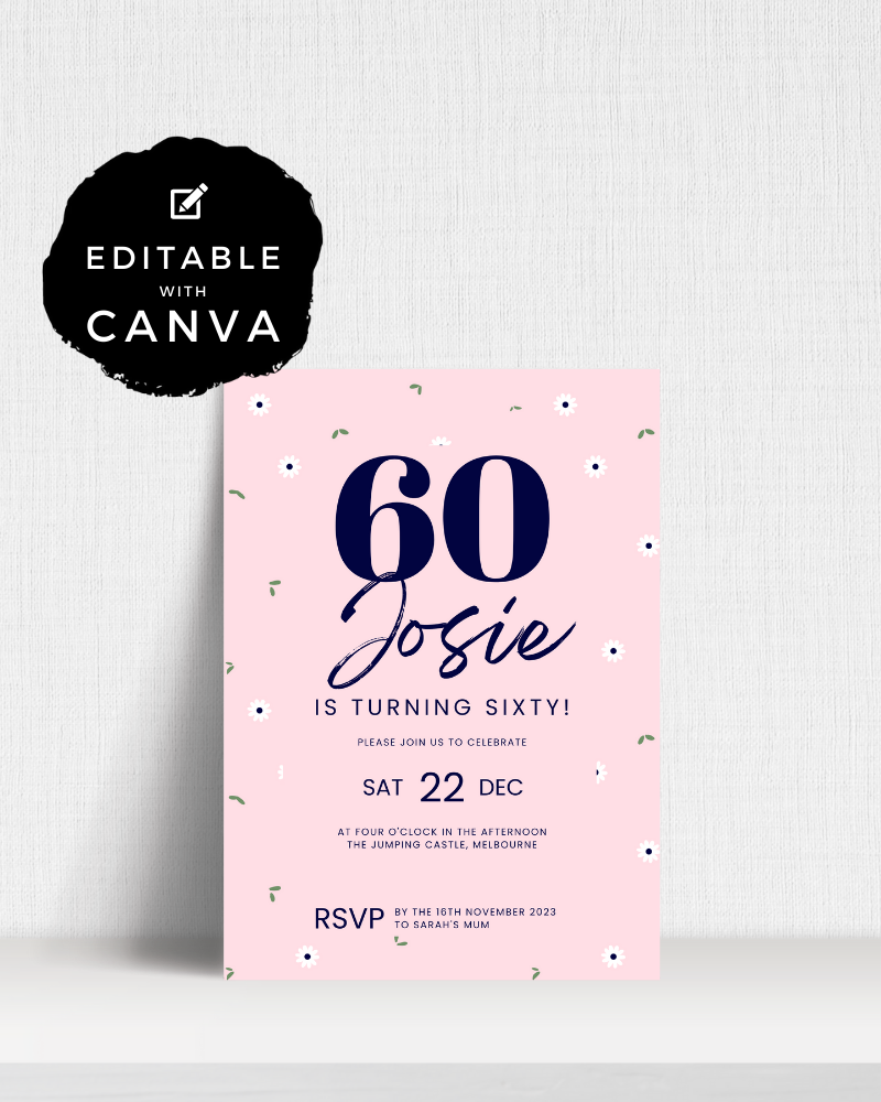 A festive invitation featuring floral accents, celebrating Josie's 60th birthday on December 22. RSVP details included.