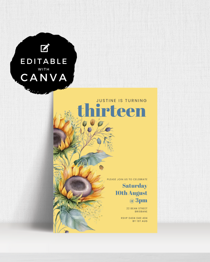 Bright yellow invitation featuring sunflowers and colorful flowers, celebrating a birthday for Justine's thirteenth year.