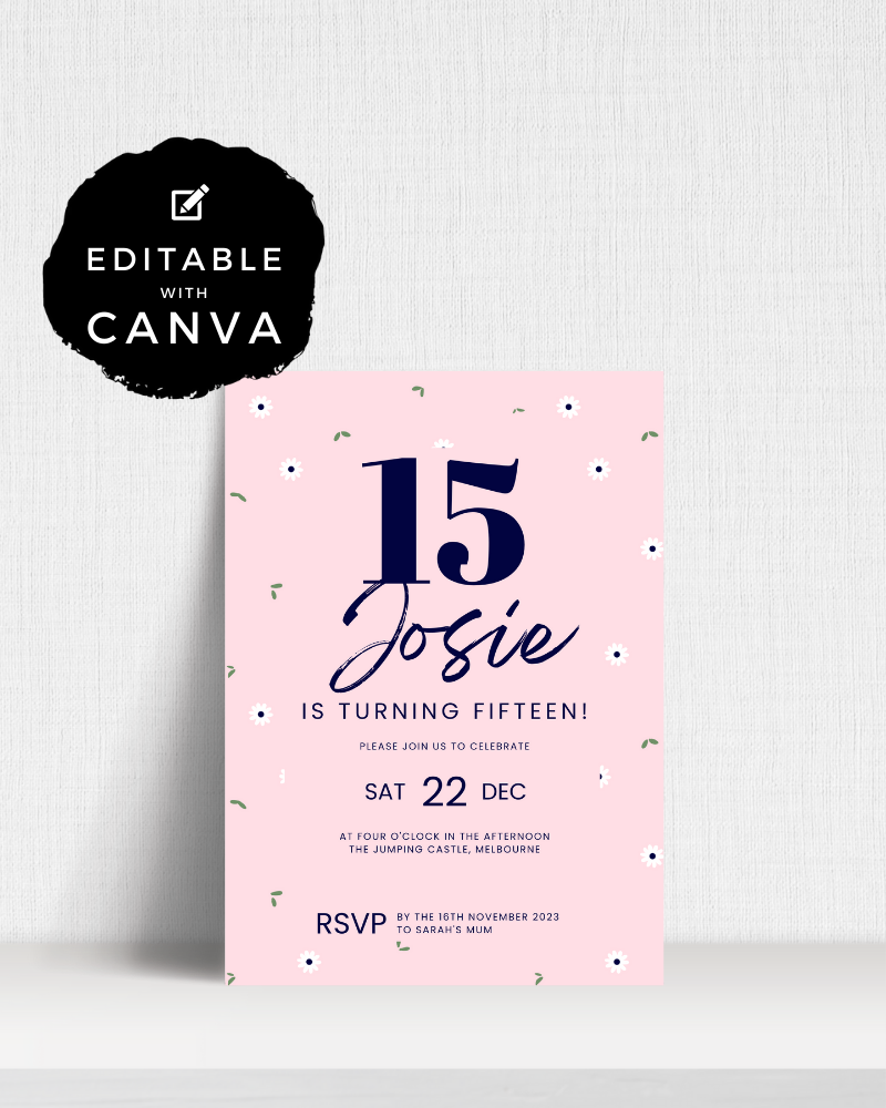A pink celebration invitation featuring the number 15, floral accents, and details for a birthday party.