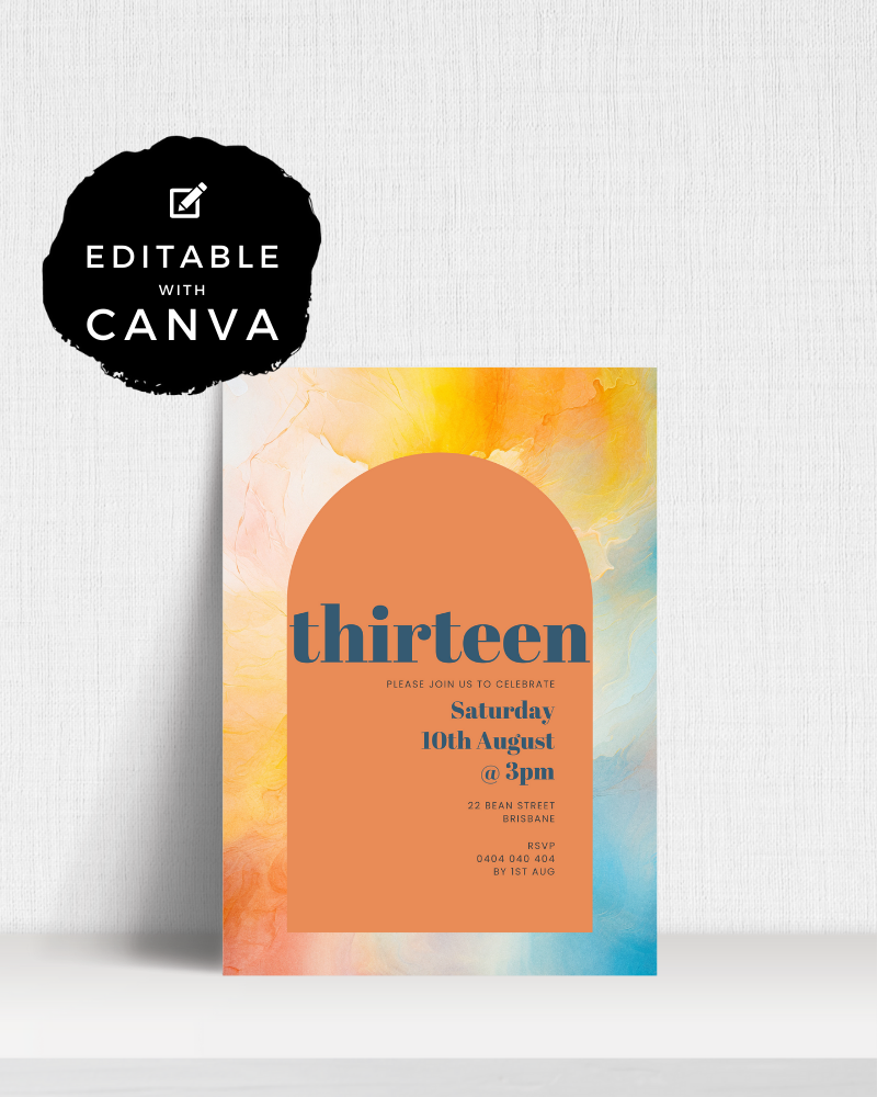 Colorful announcement featuring an arch design, with details for a celebration on an orange background.