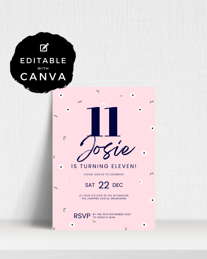 Invitation announcing Josie's 11th birthday with floral accents and event details on a soft pink background.