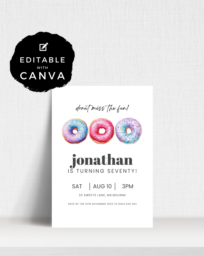 Colorful donuts with sprinkles above a birthday invitation for Jonathan's 70th celebration details.