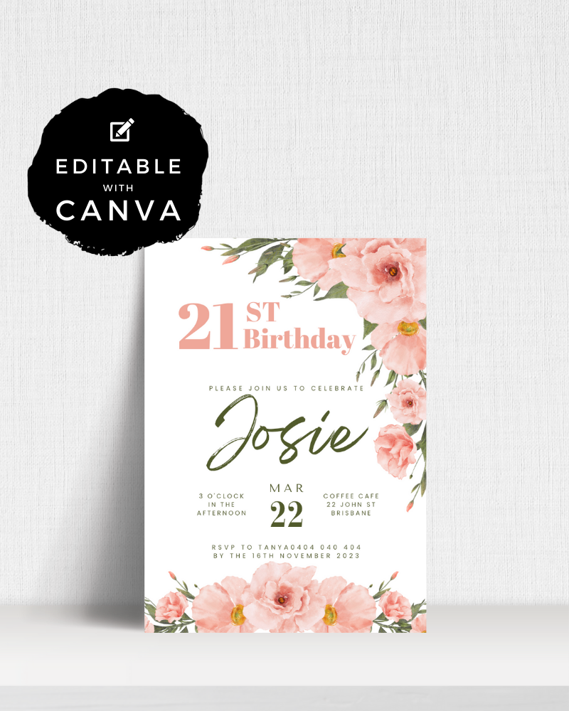 A floral invitation for a 21st birthday celebration with details for RSVP and event time.