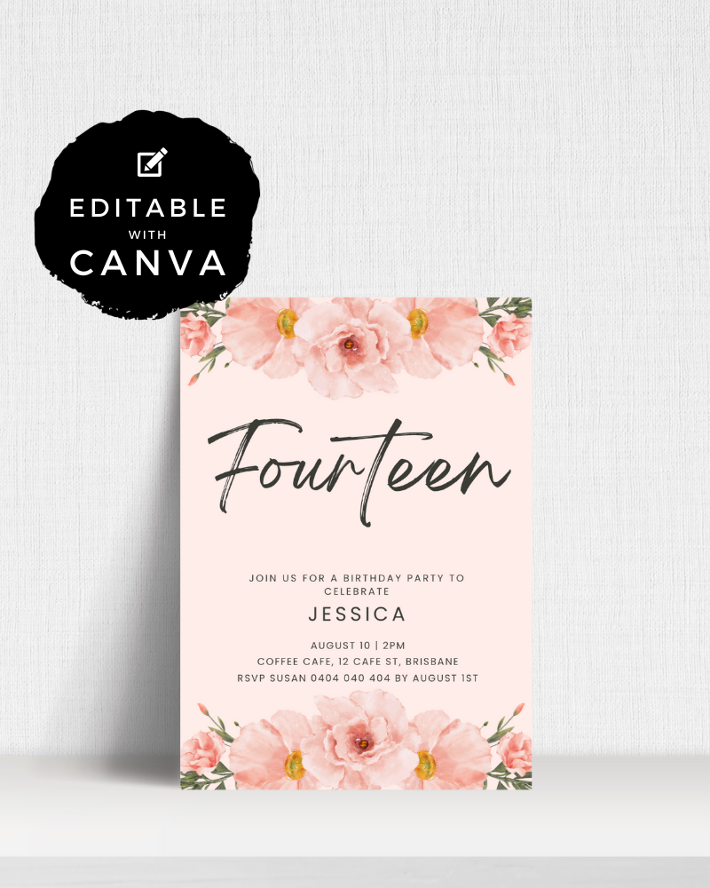 A birthday invitation featuring pink flowers and elegant typography, celebrating Jessica's fourteenth birthday.