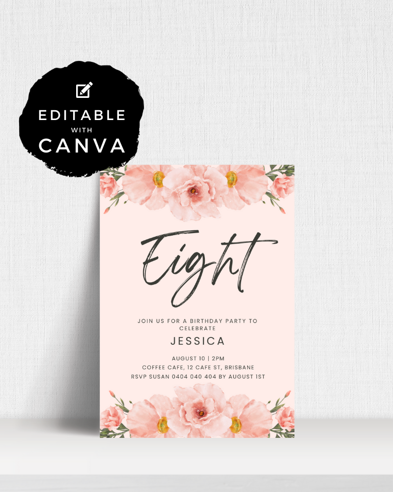 Birthday invitation featuring pink flowers and elegant typography for a celebration. Editable with Canva.