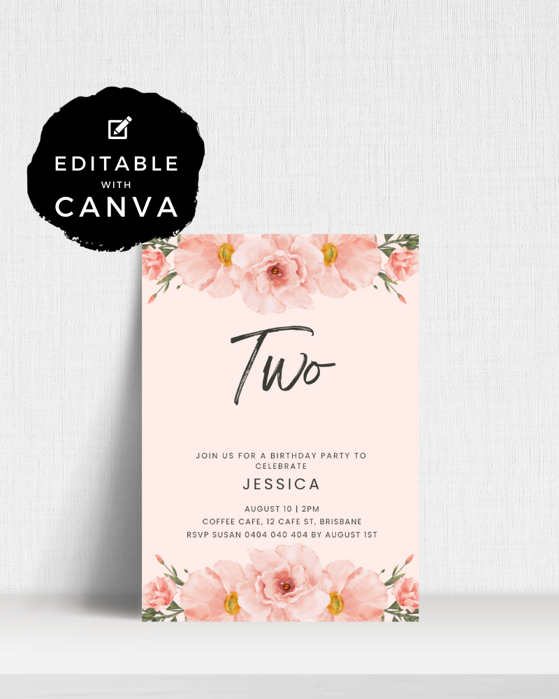Invitation featuring soft pink background with floral accents, announcing a birthday celebration for Jessica.