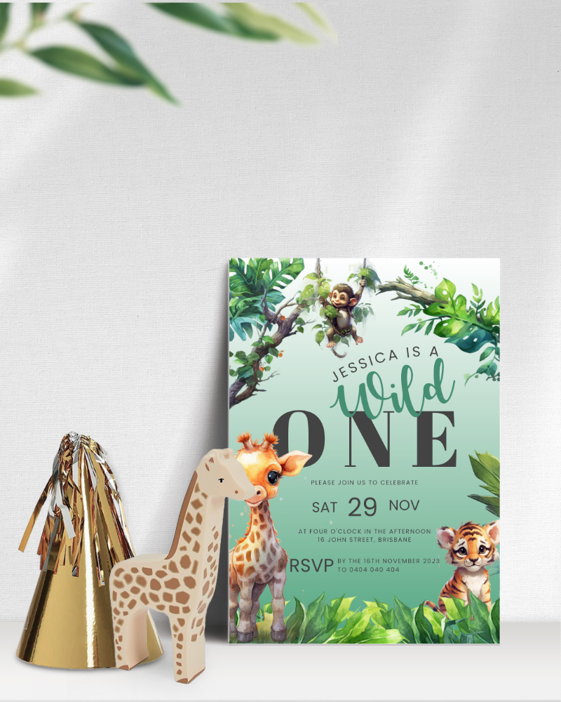Colorful invitation featuring a monkey, giraffe, and tiger amidst lush greenery, celebrating a child's birthday.