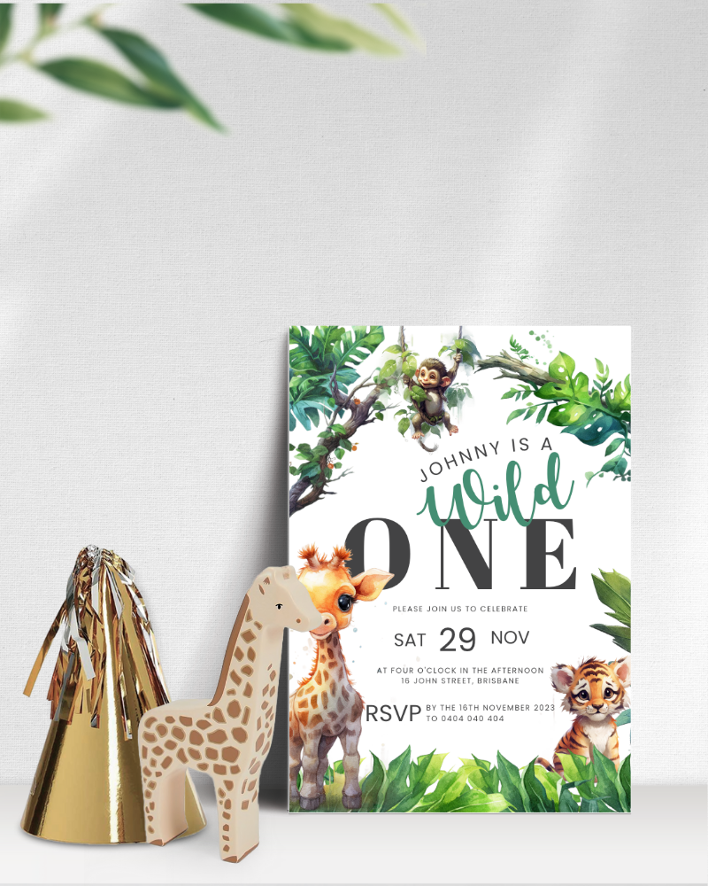 A festive invitation featuring a monkey, giraffe, tiger, and lush greenery for a celebration.