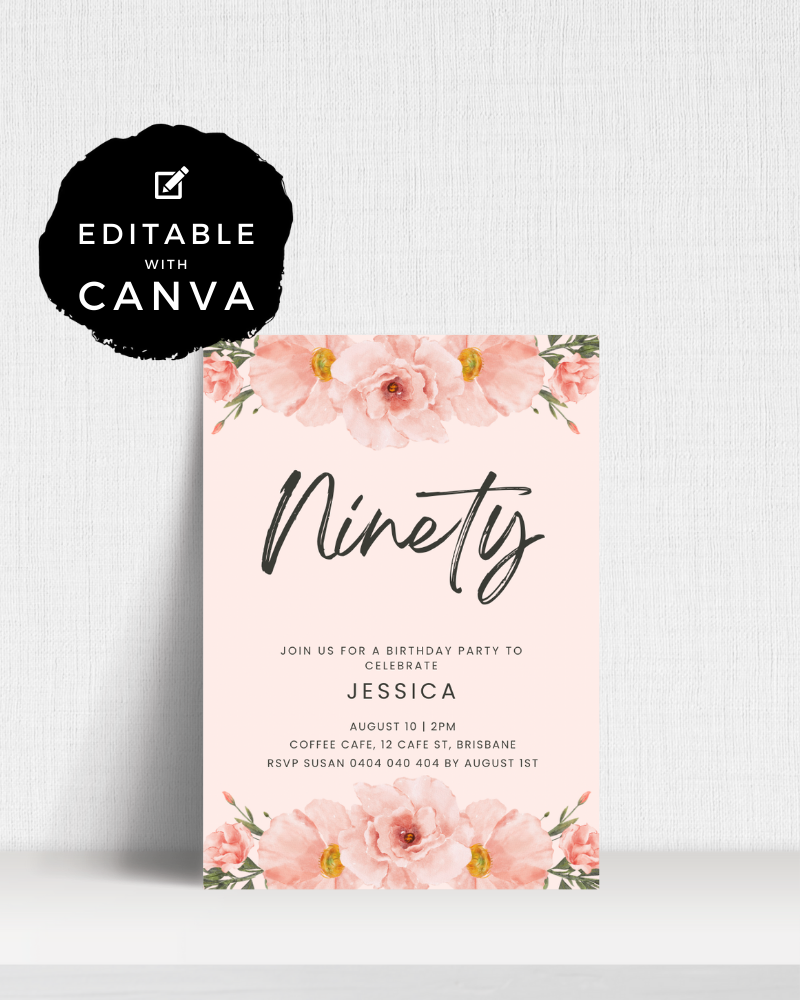 Floral-themed birthday invitation featuring soft pink blooms and elegant typography for a 90th celebration.