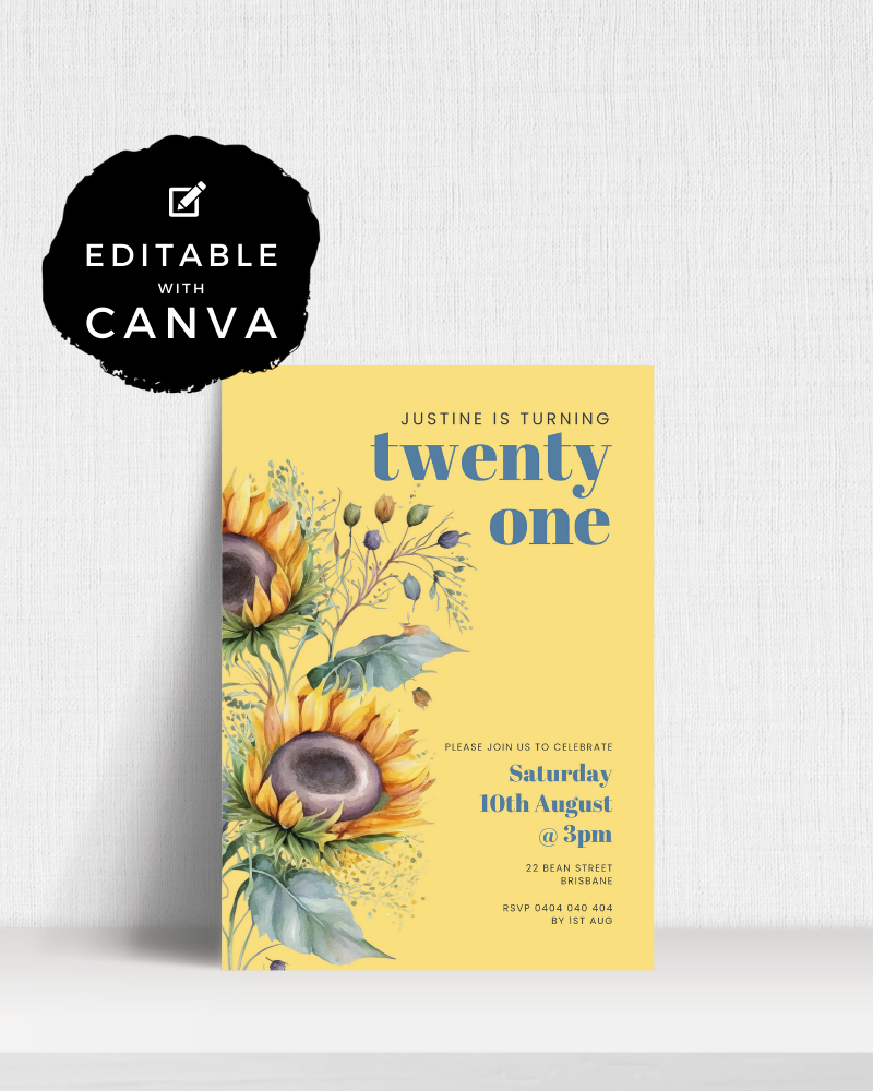 A vibrant invitation featuring sunflowers and colorful accents, celebrating a 21st birthday on a yellow background.