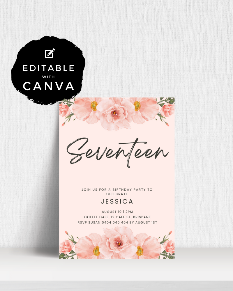 Birthday invitation featuring soft pink flowers and elegant script for a celebration. Editable with Canva.