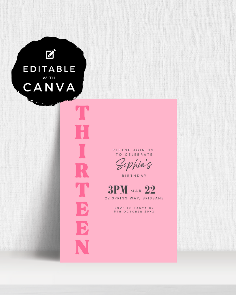 Pink birthday invitation featuring bold lettering for "THIRTEEN" and details for a celebration. Editable with Canva.