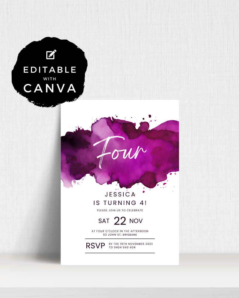 A vibrant purple watercolor invitation celebrating Jessica's 4th birthday on November 22 in Brisbane.