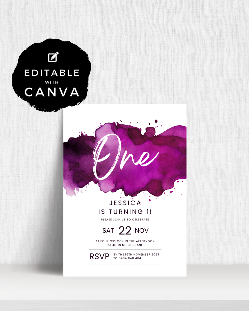 A colorful invitation featuring purple watercolor splashes, announcing a birthday celebration for Jessica.
