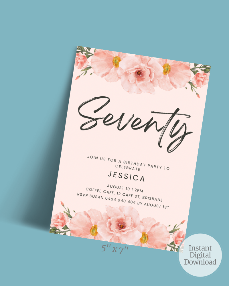 Birthday invitation featuring pink floral accents, elegant script, and party details on a soft pastel background.