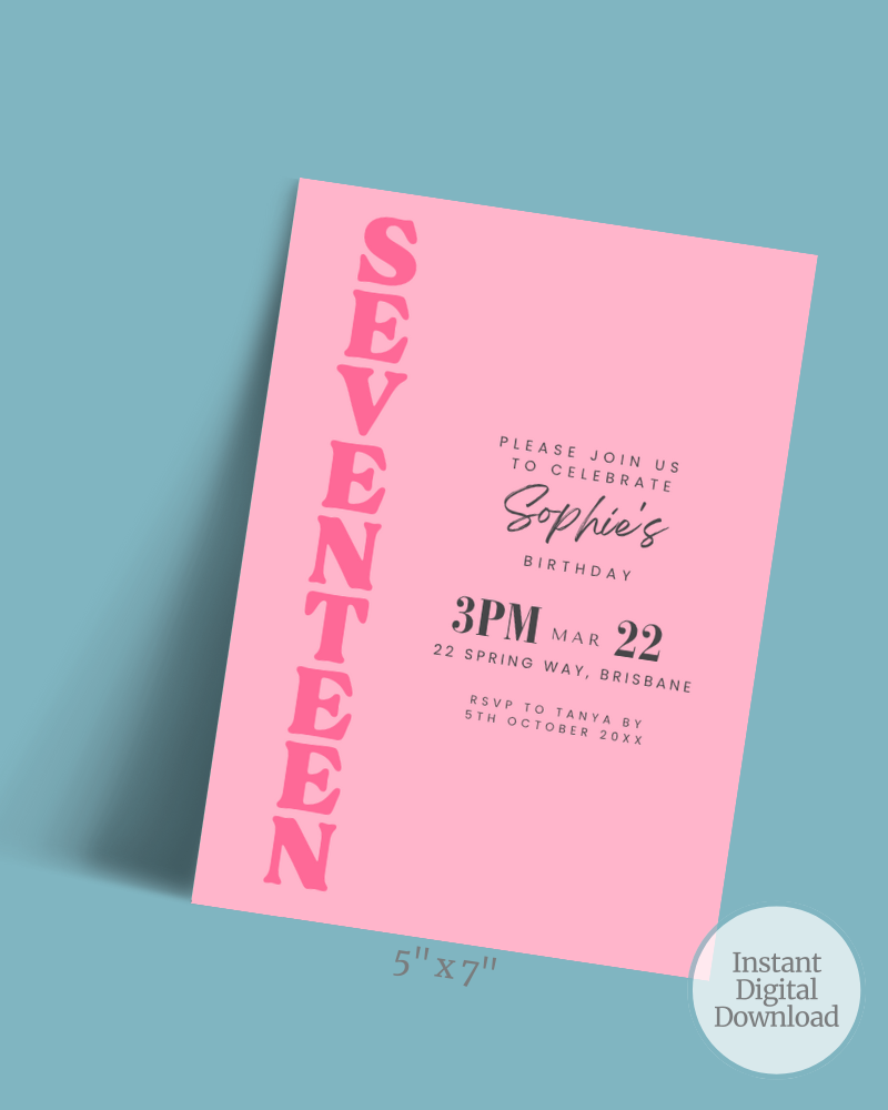 Pink invitation card featuring bold text for a birthday celebration, with elegant script and event details.