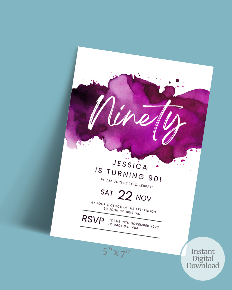 A vibrant purple watercolor background with elegant white text announcing a 90th birthday celebration.