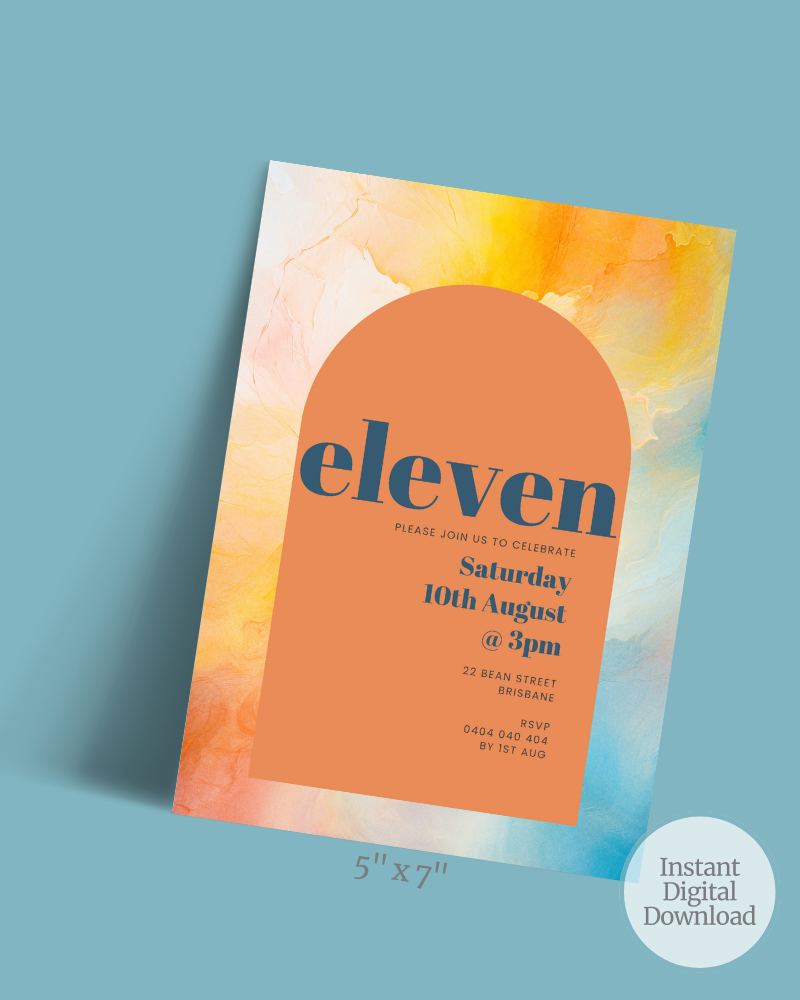 Colorful invitation with abstract watercolor background featuring bold text and event details in orange and blue tones.
