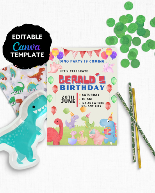 Colorful birthday invitation featuring playful dinosaurs, balloons, and festive elements for a celebration.