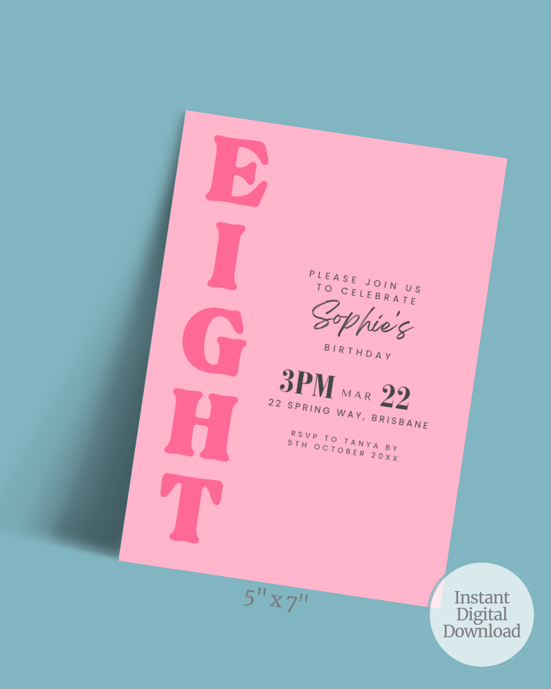 Bright pink birthday invitation featuring bold lettering and elegant script details for Sophie’s celebration.