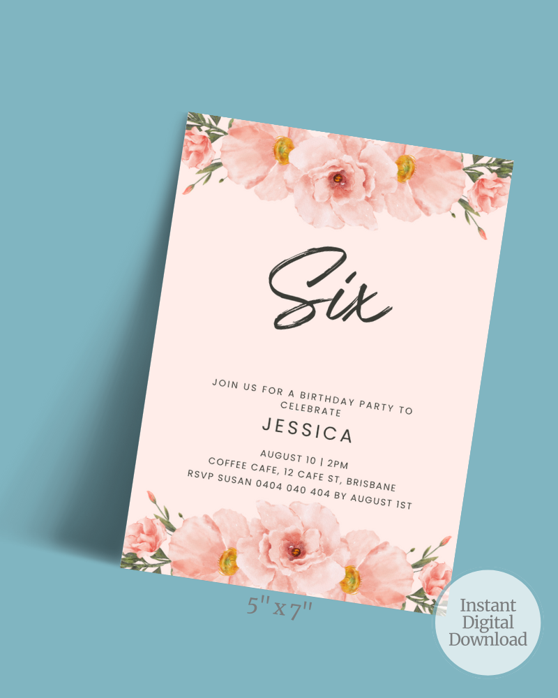 Birthday invitation featuring soft pink flowers, elegant script, and details for a celebration in Brisbane.