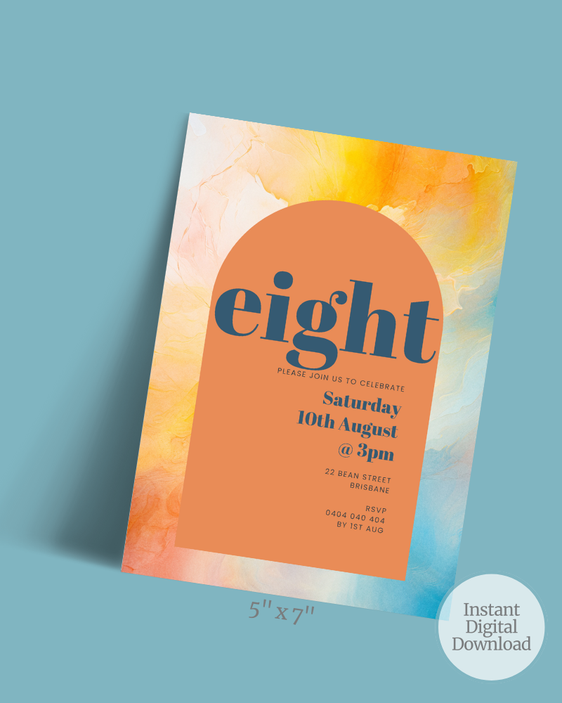 Colorful invitation featuring a large "eight" and details for a celebration on a soft, abstract background.